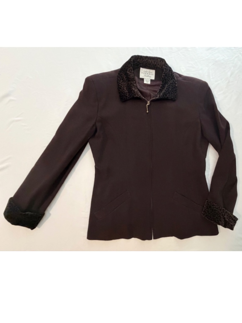 Vintage 90s Y2K Express Tailleur Brown Wool Jacket Leopard Trim, Petites 5/6